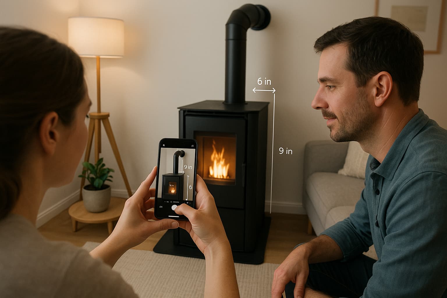 Homeowners taking photos of pellet stove clearances with phone.