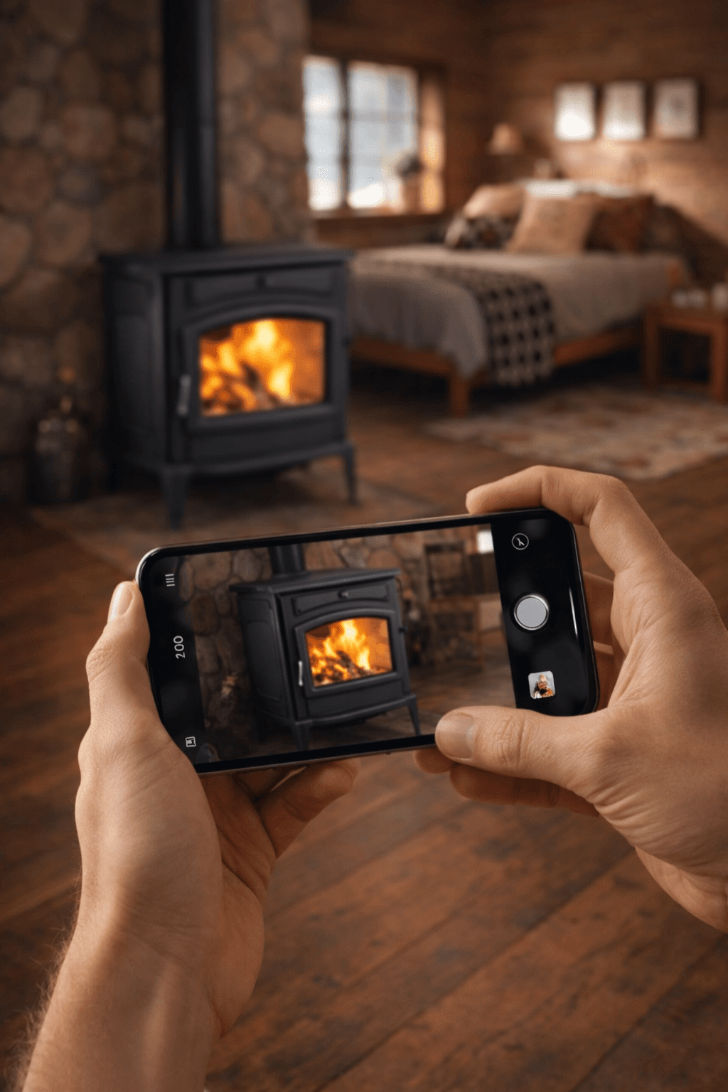 Hands holding a smartphone, capturing a cozy wood-burning stove with a roaring fire.