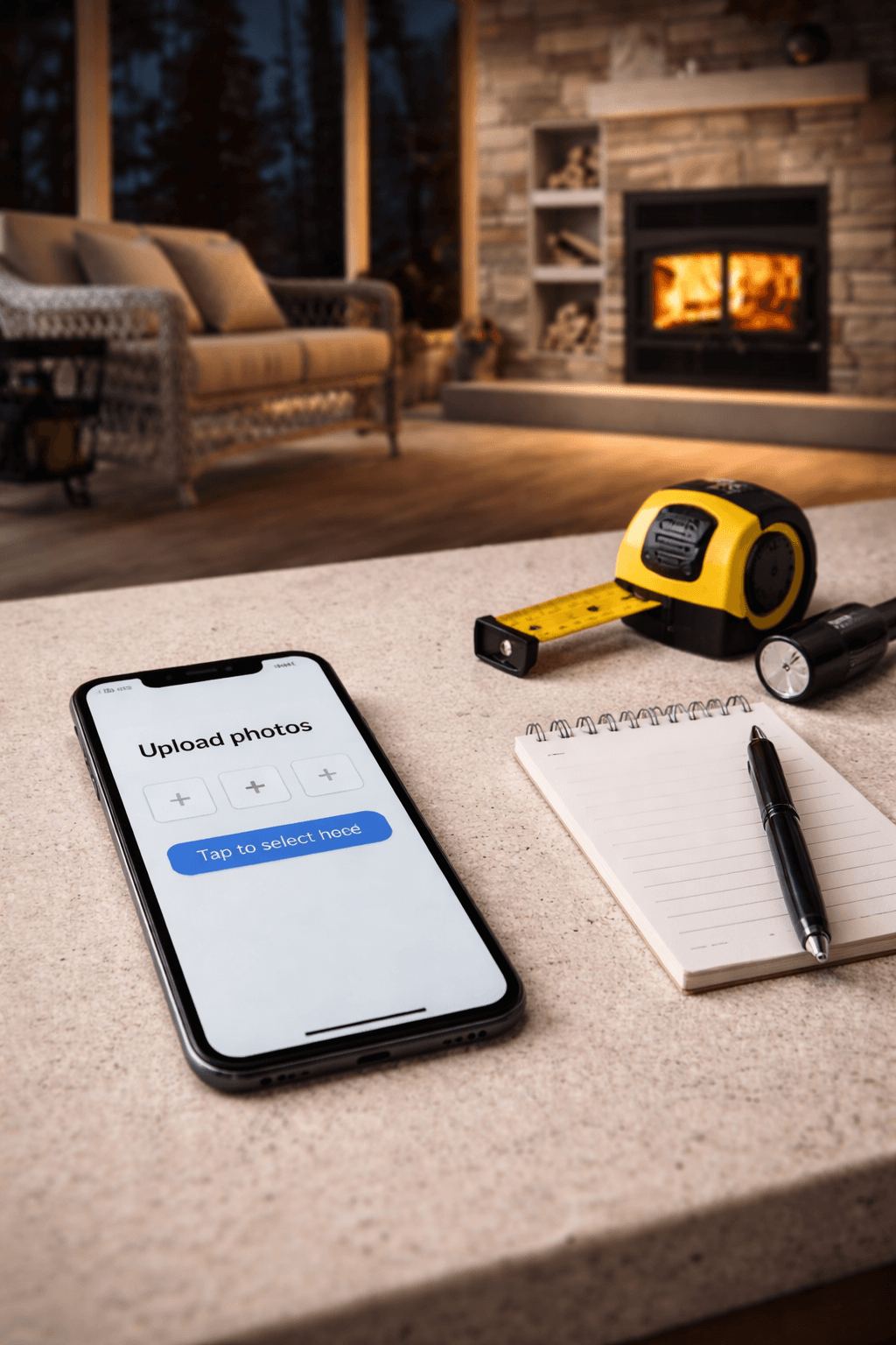 Phone with "Upload photos" screen, measuring tape, notepad, and cozy fireplace in background.