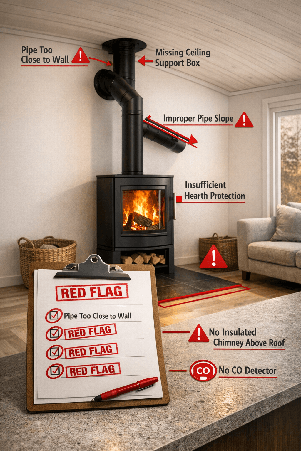 Wood stove installation with highlighted safety red flags: pipe, hearth, chimney, and CO detector.