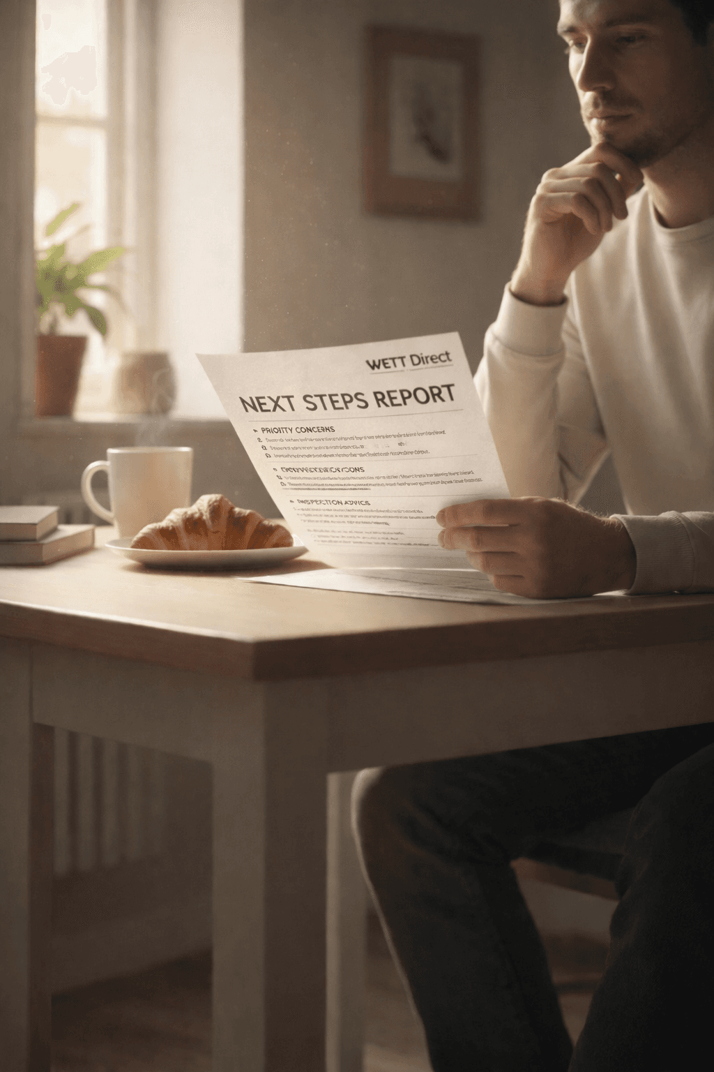Man thoughtfully reading a "Next Steps Report" at a table with coffee and croissant.